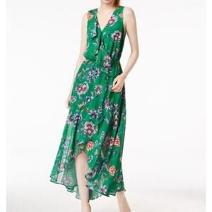 Bar lll Ruffle Trim Hi/Lo Green Floral Maxi Dress Size Medium